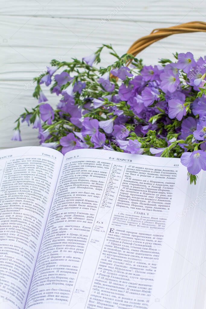 Open Bible and bouquet flax in wicker basket