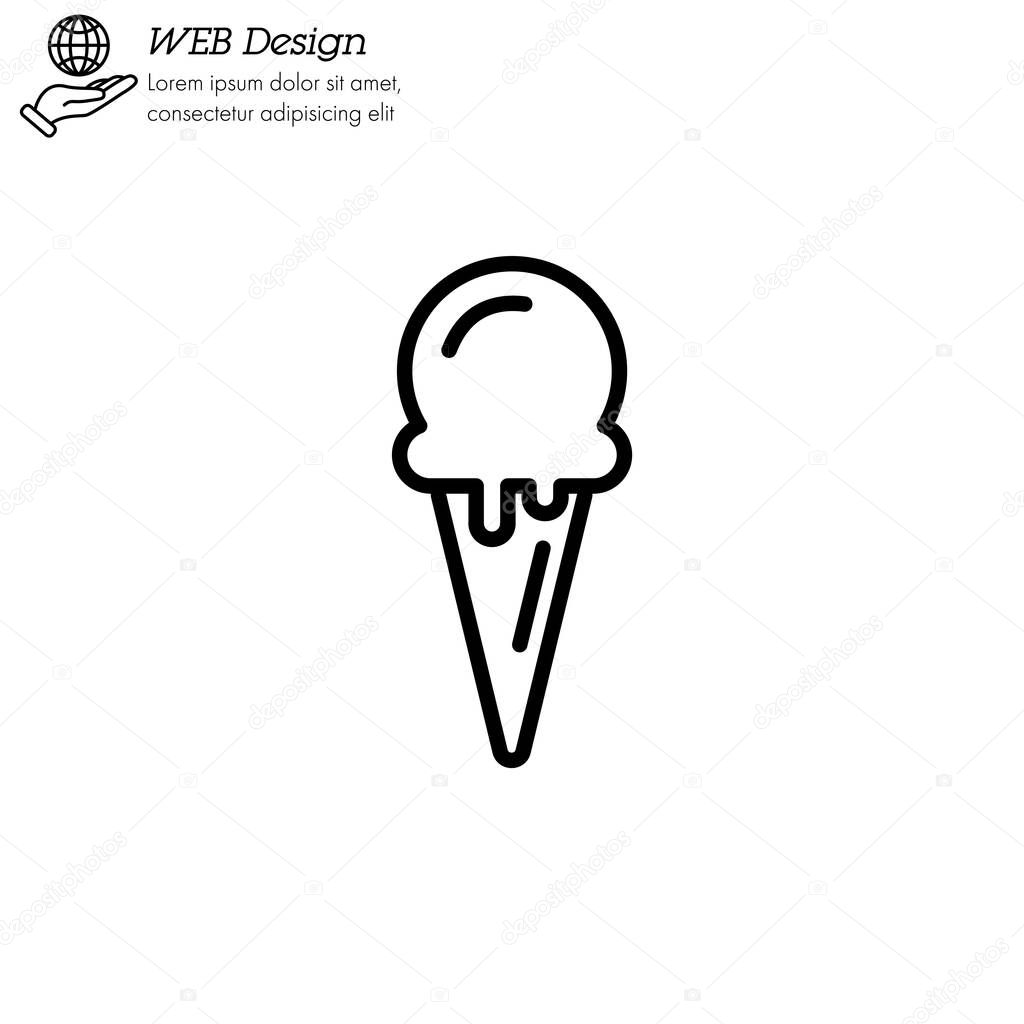 Ice cream in waffle cone icon thin line, linear, outline. Simple sign, logo