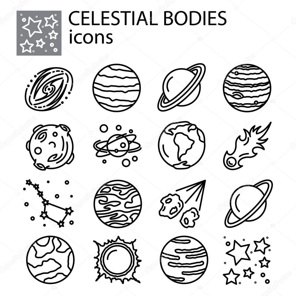 Celestial bodies, planets, meteorites, solar system, comets, stars set icon thin line, linear, outline. celestial bodies, planets, meteorites, solar system  simple sign, galaxies, space logo symbol