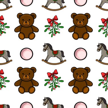 Çekici kahverengi ayıcıklar, sallanan atlar, kırmızı kurdeleli ökse otu dalları ve neşeli ve neşeli bir Noel tasarımı yaratan soluk pembe daireler içeren kusursuz bir vektör deseni..