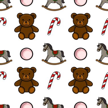 Oyuncak ayıların, sallanan atların ve şeker kamışlarının büyüleyici çizimlerini içeren kusursuz vektör deseni, çocuk ürünleri veya tatil temalı proje için ideal şenlikli ve eğlenceli bir tasarım yaratıyor....