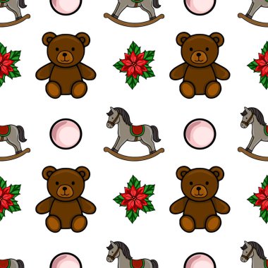 Çekici Noel oyuncakları içeren kusursuz vektör deseni: kahverengi bir oyuncak ayı, sallanan bir at ve Noel çiçekleri, kış tatilleri için mükemmel bir şenlik ve oyuncu tasarımı yaratıyor..