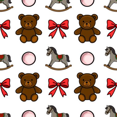 Sevimli oyuncak ayılar, sallanan atlar ve neşeli kırmızı yaylar içeren kusursuz bir vektör deseni var. Çocuk ürünleri ya da tatil tasarımları için mükemmel..