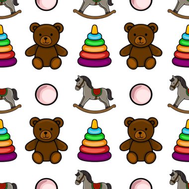 Çekici oyuncak ayılar, sallanan atlar, yüzükler ve pembe toplar içeren kusursuz vektör deseni, çocuk ürünleri için eğlenceli ve renkli bir tasarım yaratıyor..