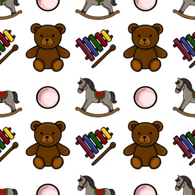 Oyuncak ayıların, sallanan atların ve ksilofonların etkileyici çizimlerini içeren kusursuz bir vektör deseni var. Pembe daireli temiz beyaz bir arka plana ayarlanmış, neşeli ve nostaljik bir demet yaratıyor....