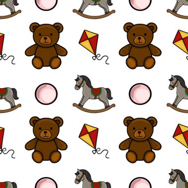 Sevimli oyuncak ayılar, sallanan atlar ve uçurtmalar içeren kusursuz bir vektör deseni, pembe daireli beyaz bir arka plana şakayla dizilmiş, büyüleyici ve neşeli bir tasarım yaratıyor....