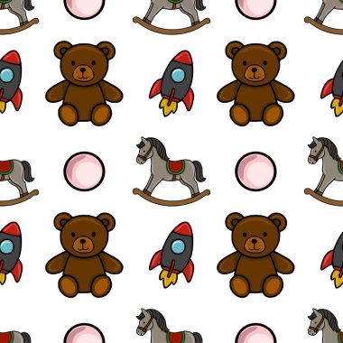 Sevimli oyuncak ayılar, sallanan atlar ve roketler içeren kusursuz vektör desenleri çocuk ürünleri ya da tuhaf arka planlar için ideal oyuncu ve büyüleyici bir tasarım yaratıyor..