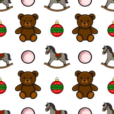 Çekici Noel oyuncakları içeren kusursuz vektör deseni: kahverengi bir oyuncak ayı, sallanan bir at ve neşeli ve eğlenceli bir tatil tasarımı yaratan şenlikli mücevherler..