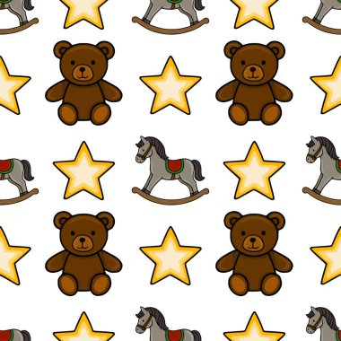 Sevimli oyuncak ayılar, sallanan atlar ve altın yıldızlar içeren kusursuz bir vektör deseni var. Çocuklar için tekstil tasarımı ya da şenlikli ambalaj kağıdı için mükemmel..