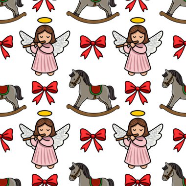 Güzel meleklerin flüt çaldığı, sallanan atlar ve şenlikli kırmızı fiyonklar eşliğinde Noel temalı tuhaf bir tasarım yaratarak festival baskıları ve ambalaj kağıtları hazırlayan kusursuz vektör deseni..
