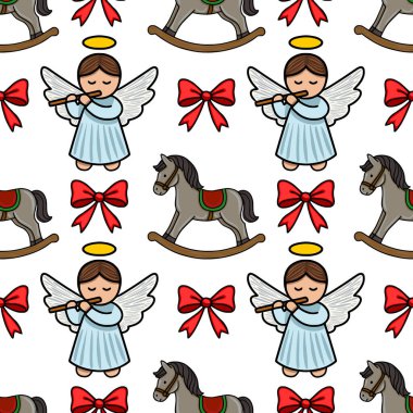 Güzel meleklerin flüt çaldığı, sallanan atlar ve şenlikli kırmızı fiyonklarla Noel temalı tuhaf bir tasarım yarattığı kusursuz bir şenlik arka planı ve ambalaj kağıdı..