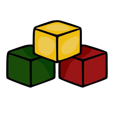 Cesur taslaklar ve el çizimi bir stil içeren, üç renkli küpten oluşan oyuncu bir vektör çizimi, çocuk projeleri veya eğlenceli tasarımlar için mükemmeldir..