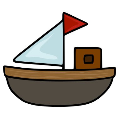 Kahverengi kaplama ve açık mavi yelkenli, çocuk kitapları ya da deniz temalı tasarımlar için mükemmel, kırmızı bayraklı basit bir yelkenlinin çekici vektör çizimi.