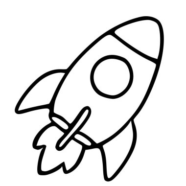 Basit, el çizimi bir roketin oyuncu bir temsili, çocuk kitapları, eğitici materyaller veya eğlenceli markalar için mükemmel..