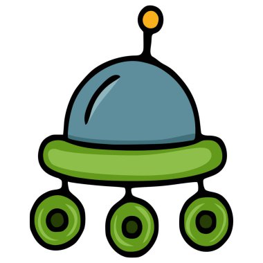 Yeşil gövdeli, üç tekerlekli, gri kubbeli, çocuk kitapları, uzay temalı tasarımlar ya da eğlenceli markalaşma için mükemmel bir çizgi film uzay gemisi çizimi..