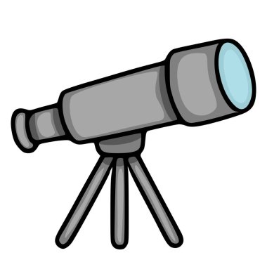 Açık mavi mercekli ve koyu siyah çizgileri olan, çocukların eğitim materyalleri veya astronomi temalı tasarımları için mükemmel olan gri bir teleskobun büyüleyici bir temsili çizimi..