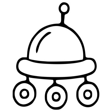 Kubbe şeklinde bir gövdesi, tek bir anteni ve üç dairesel tekerleği olan bir çizgi film uzay gemisinin tuhaf bir temsili çizimi. Çocuk kitapları ya da uzay temalı eğlenceli tasarımlar için mükemmel..