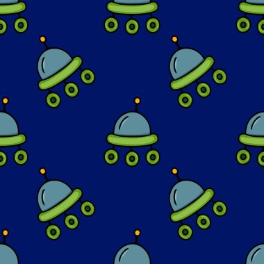 Çocuklar için tekstil ya da uzay temalı tasarımlar için mükemmel olan koyu mavi arkaplan karşısında deniz mavisi, yeşil ve turuncu renkli komik UFO 'lar içeren kusursuz bir vektör deseni..