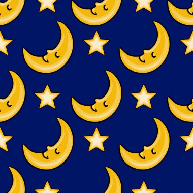 Koyu mavi arkaplanda uyuyan hilal ve yıldızların kusursuz vektör deseni. Çocuklar için tekstil tasarımı ya da gece temalı tuhaf projeler için mükemmel..