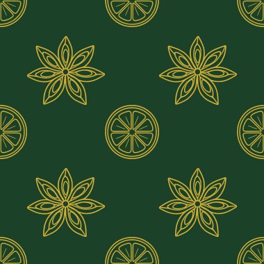 Limon dilimlerinin altın çizgileri ve koyu yeşil arka planda yıldız anason çiçekleri olan zarif, pürüzsüz vektör deseni sofistike tasarımlar için idealdir..