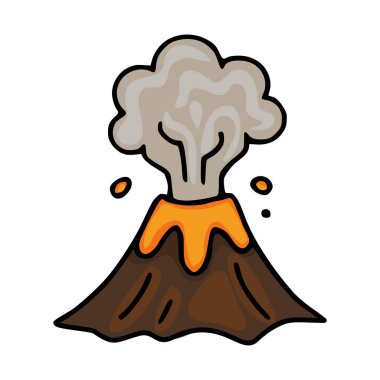 Turuncu lav ve gri dumanla patlayan bir çizgi film volkanının sevimli vektör çizimi, oyuncu bir el çizimi tarzı ve cesur hatları içeriyor..