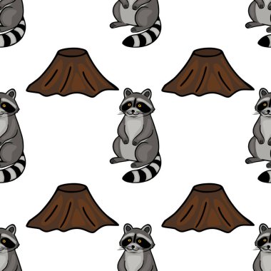 Ağaç kütüklerinin yanında oturan sevimli rakunların çocuk tasarımları için mükemmel büyüleyici ve eğlenceli bir orman illüstrasyonu oluşturduğu kusursuz vektör deseni..