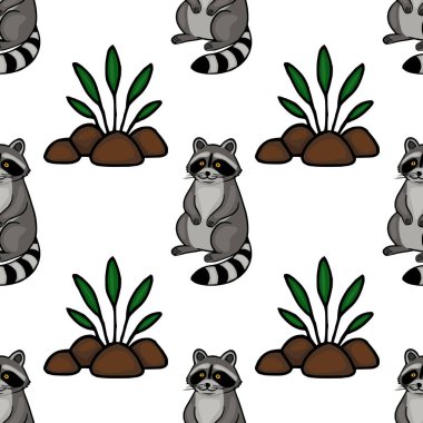 Sevimli Kusursuz Vektör Şablonu Oyuncak Çizgi Film Rakunları Basit Yeşil Bitkiler ve Beyaz Arkaplanda Kahverengi Kayaların Ortasında Oturuyor