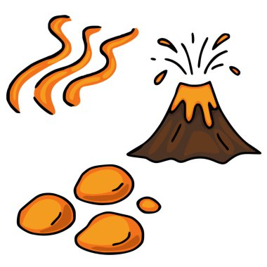 Turuncu lav püsküren bir karikatür volkanı içeren oyuncu bir vektör çizimi, stilize edilmiş turuncu lav damlaları ve dalgalı çizgiler buhar veya ısı.