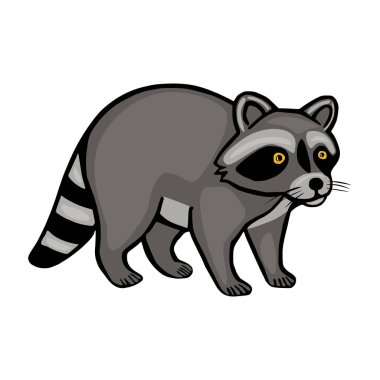 Parlak sarı gözlü bir rakunun sevimli vektör çizimi, neşeli bir pozda duruyor, gri ve siyah kürk detaylarıyla biçimlendirilmiş bir çizgi film tasarımı sergiliyor..