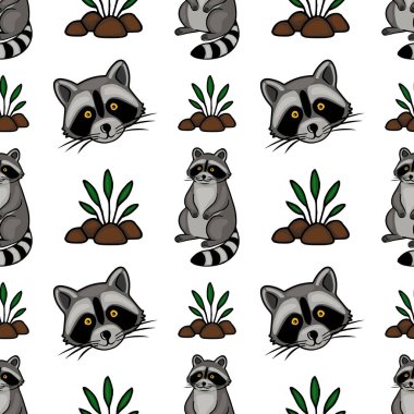 Sevimli Kusursuz Vektör Şablonu Oyuncak Rakunlar ve Yeşillik, Çocuk Ürünleri ve Doğa Temalı Tasarımlar İçin Mükemmel.