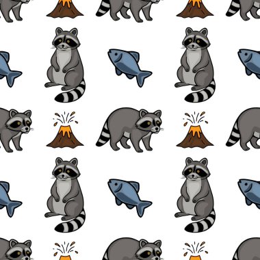 Oyuncak rakunlar, volkanlar ve balıklar içeren kusursuz vektör deseni çocuk ürünleri ya da doğa temalı projeler için ideal, kaprisli ve canlı bir tasarım yaratıyor..