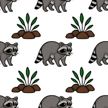 Şekillendirilmiş yapraklar ve kayaların arasında oyuncu rakunlar barındıran kusursuz bir vektör deseni. Tekstil baskıları veya çocuk tasarımları için mükemmel bir vahşi yaşam çizimi..