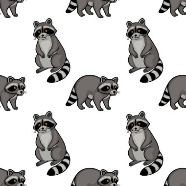 Çeşitli pozlarda sevimli rakunların bulunduğu kusursuz vektör deseni temiz beyaz arka planda çocuk ürünleri ya da doğa teması için ideal oyuncu ve büyüleyici bir tasarım sergiliyor....