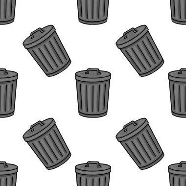 Elle çizilmiş koyu gri kapaklı çöp kutularının kusursuz vektör deseni, temiz beyaz arka plana karşı neşeli ve hafif eğimli bir düzenleme içeriyor..
