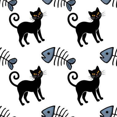 Beyaz arka planda kıvrık kuyruklu ve gri balık iskeletleri olan siyah kedileri içeren kusursuz bir vektör deseni, neşeli ve kaprisli bir tasarım yaratıyor..