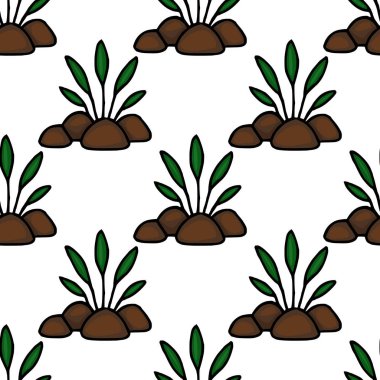 Kahverengi taşlardan çıkan şekillendirilmiş yeşil lahanaların kusursuz vektör deseni, çeşitli uygulamalar için minimalist doğadan esinlenilmiş bir tasarım yaratıyor..