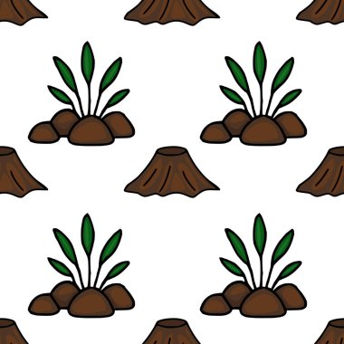 Beyaz arka planda şekillendirilmiş ağaç kütükleri ve filizlenen bitkiler içeren kusursuz bir vektör deseni, oyuncu ama dünyevi bir tasarım yaratıyor..