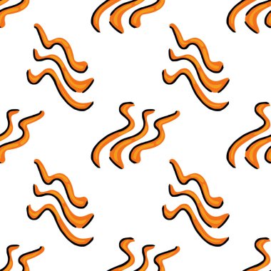 Beyaz zemin üzerinde elle çizilmiş turuncu lav dalgalı çizgileri olan kusursuz vektör deseni, çeşitli uygulamalar için mükemmel canlı ve oyuncu bir soyut tasarım yaratıyor..