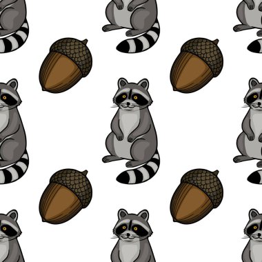 Şakacı rakunlar ve meşe palamudu içeren sevimli vektörsüz desen, sonbahar temalı tasarımlar ve çocuk projeleri için mükemmel..