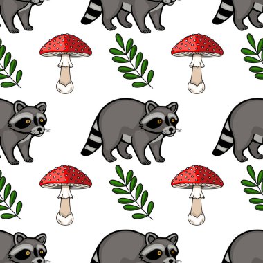 Tapılası rakunlar, beyaz noktalı canlı kırmızı mantarlar ve yemyeşil yapraklar içeren kusursuz vektör deseni, tekstil baskıları ve duvar kağıtları için mükemmel bir orman illüstrasyonu yaratıyor.,...