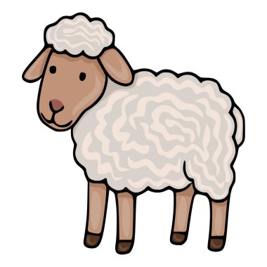 Kahverengi bacaklı, tüylü, desenli ceketli, çocuk kitapları, tebrik kartları ya da tekstil tasarımı için mükemmel bir koyun çizimi..