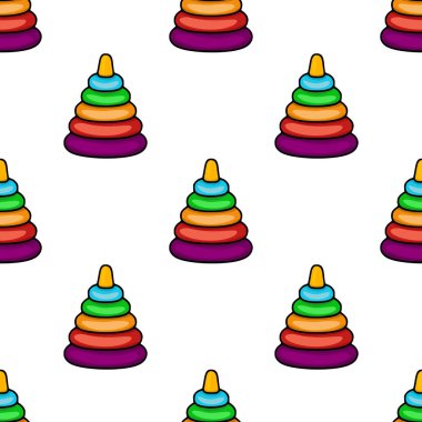 Renkli istifleme halkalarının kusursuz vektör deseni oyuncaklar, çocuk ürünleri ve tekstil tasarımı için canlı ve eğlenceli illüstrasyon.