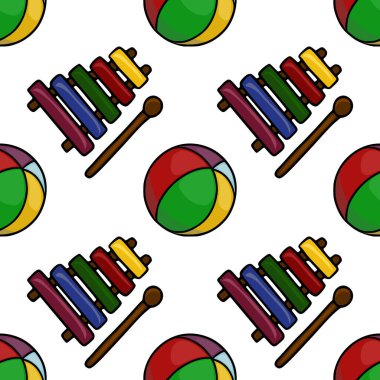 Neşeli bir ksilofon ve renkli plaj topları içeren kusursuz bir vektör deseni, çocuk ürünleri veya neşeli tasarımlar için ideal..