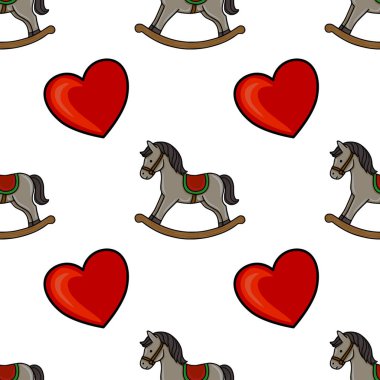 Çekici gri sallanan atlar ve koyu kırmızı kalpler içeren kusursuz vektör deseni, çocuk ürünleri veya Sevgililer Günü projeleri için mükemmel, neşeli ve iç açıcı bir tasarım yaratıyor..
