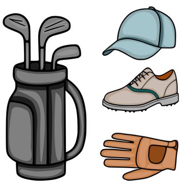 Bir golf çantası, golf sopası, şapka, ayakkabı ve eldiven sergilenen oyuncu bir vektör çizimi, farklı bir karikatür estetiği ve sessiz renk paleti ile çizilmiş..