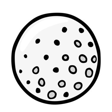 El çizimi bir golf topunun vektör çizimi, açık gri bir yüzey, çeşitli boyutlarda siyah ve gri daireler, hepsi kalın siyah bir hatla çevrili..