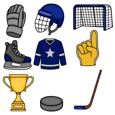 Canlı bir vektör illüstrasyonunda eldiven, kask, ağ, paten, forma, köpük parmak, kupa, disk ve sopa gibi ikonik hokey ekipmanları sergileniyor....