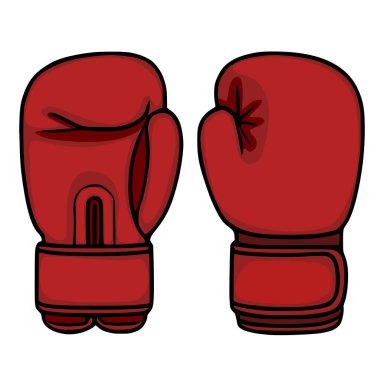 Bir çift kırmızı boks eldivenini gösteren bir vektör çizimi, titizlikle siyah çizgilerle detaylandırılmış, çok yönlü tasarım uygulamaları için ön ve yan görünümde sunuluyor..