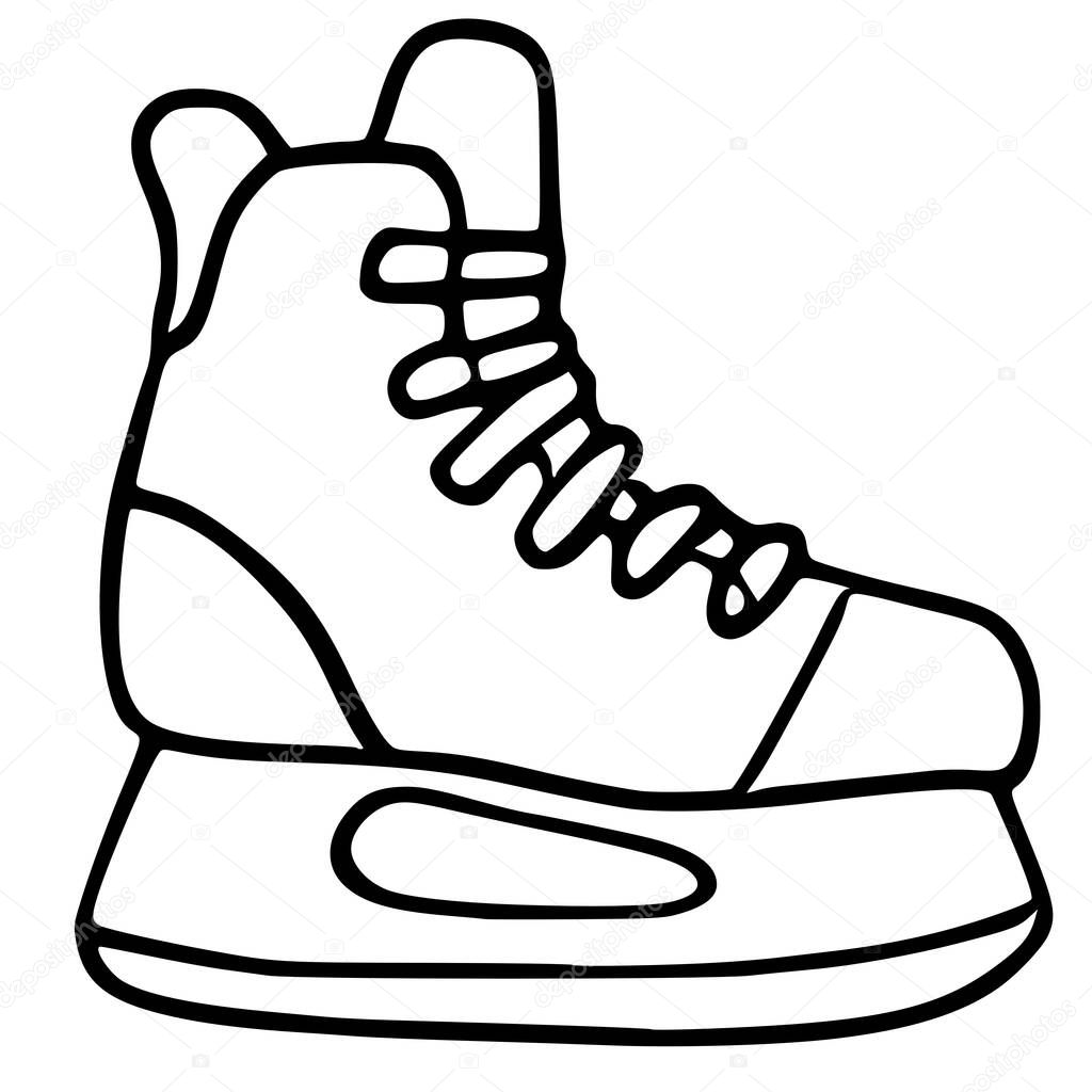 A vector illustration of a single ice hockey skate, depicted in a simple, bold black outline style against a white background, showcasing the laced-up boot and blade details.