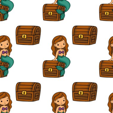 Deniz mavisi kuyruklu sevimli karikatür denizkızları süslü tahta hazine sandıklarının üzerinde oturarak tuhaf bir sualtı hazine sahnesi yaratıyorlar..